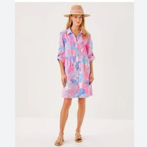 LILLY PULITZER WOMENS SHAELA 100% LAGOON LINEN DRESS 3/4 SLEEVE COLLAR BRIGHT